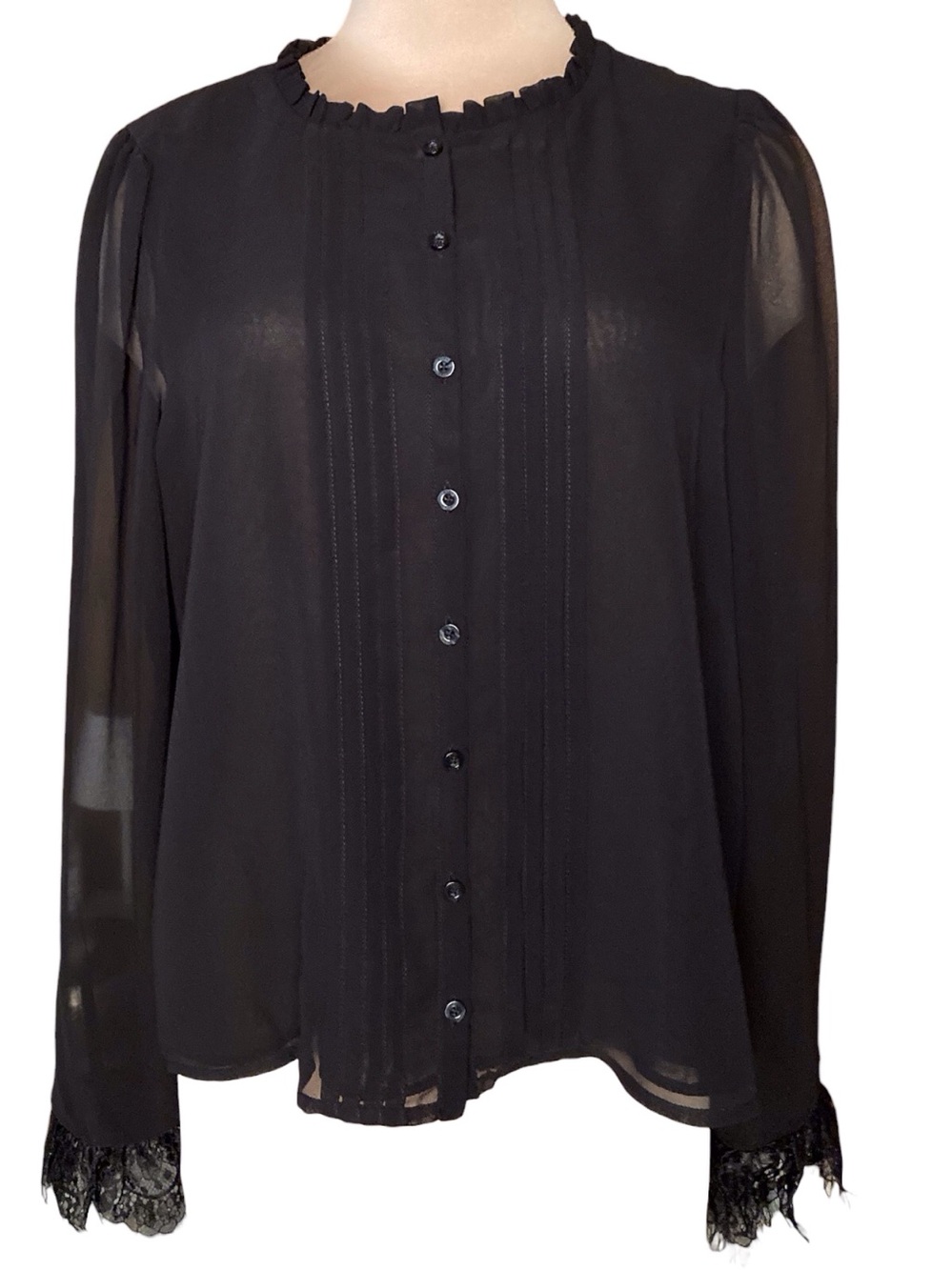 BCBG | NWT Black Long Sleeve Pleat Front Lace Trim Blouse L